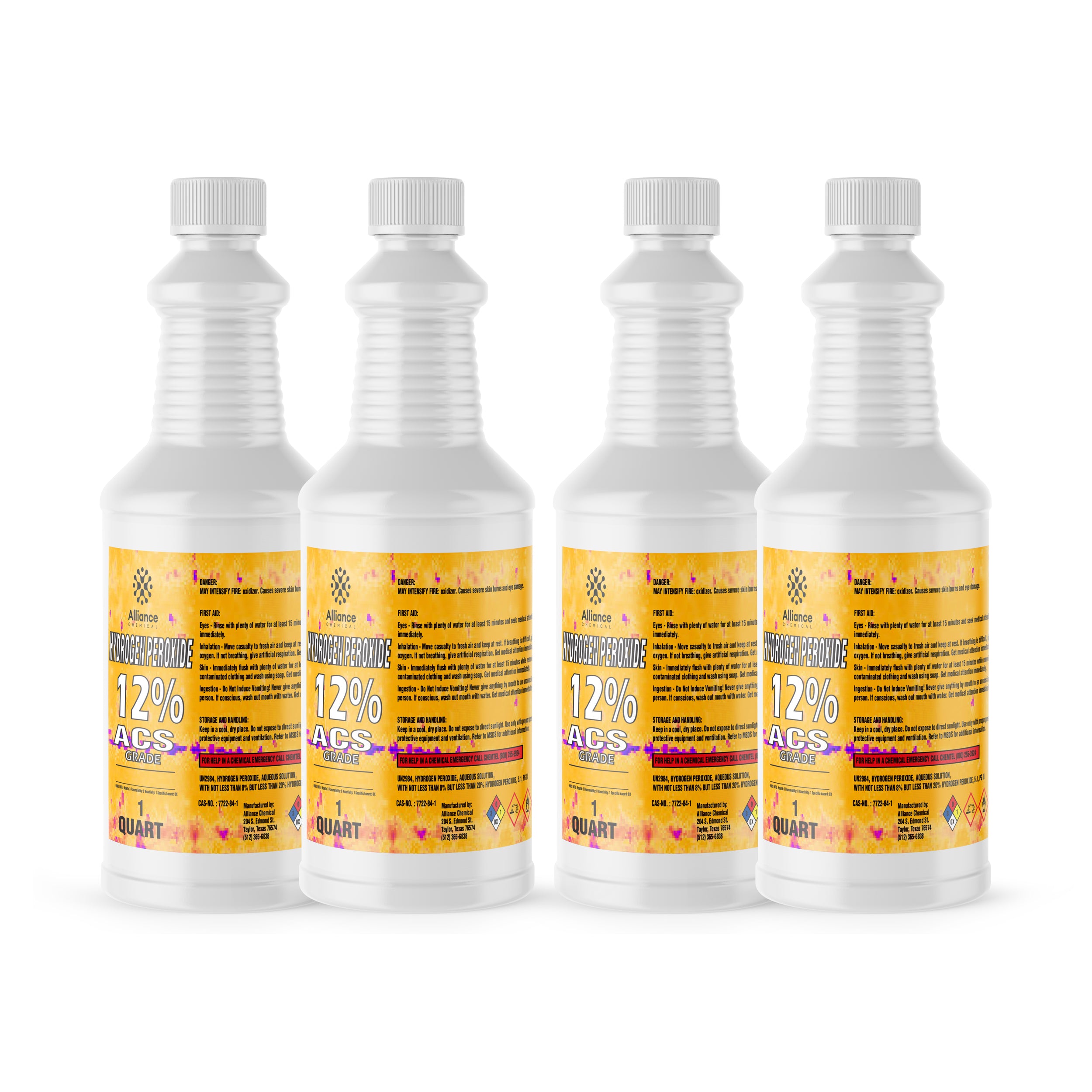 4-quart set of 12% ACS-grade hydrogen peroxide in white HDPE bottles with yellow labels, UN hazard symbols, and ribbed safety caps.